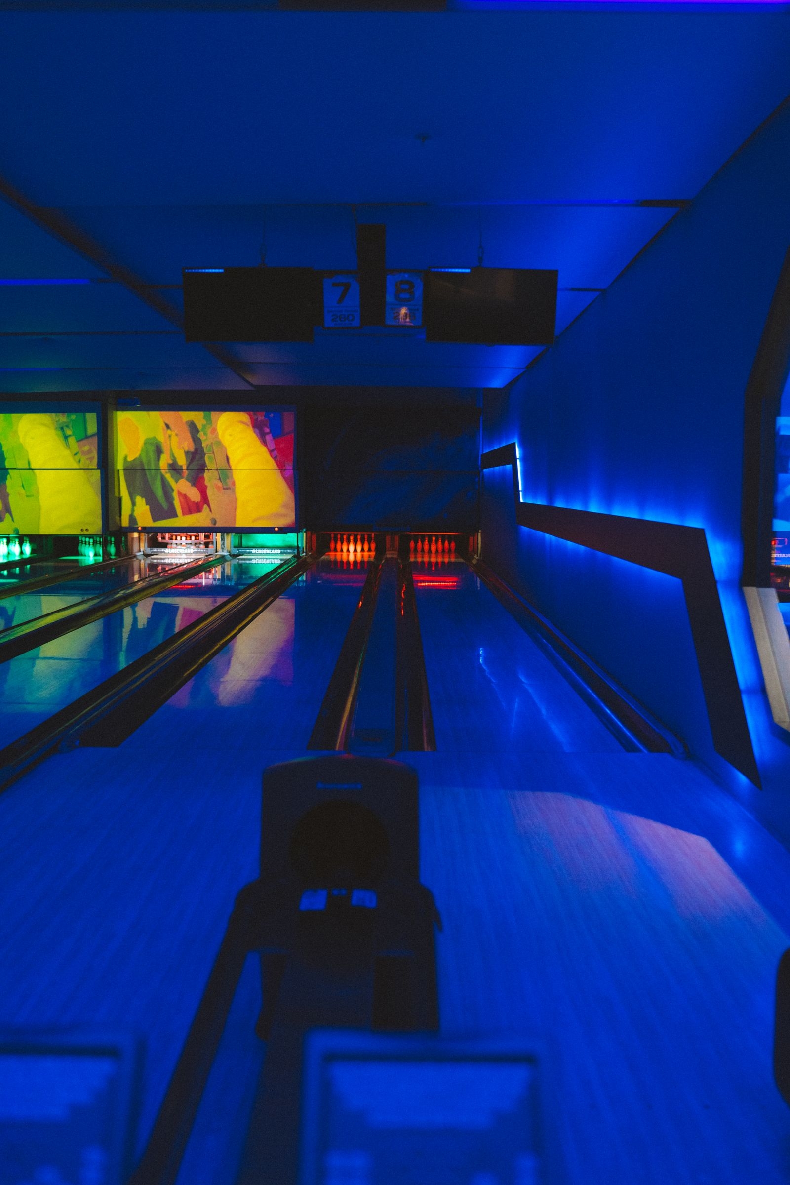 Bowling alley lanes at night